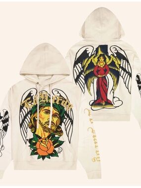 Ed Hardy Savior Boxy Fleece Hooded Ivory Sweatshirt